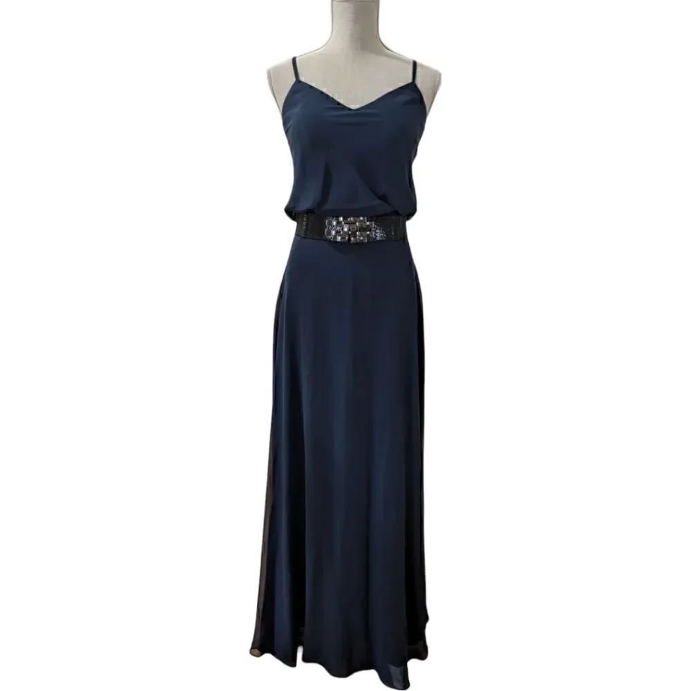 Birdy Grey Bridesmaid A-line Chiffon Crepe Maxi Dress Waist Belt in Navy Size XS